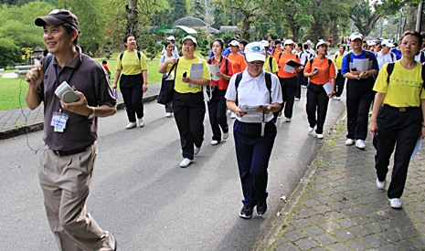 隨著解說員的腳步，慈濟幼兒園的老師和同仁一起步行檳城植物園，了解植物生態體系。【攝影者：莊鞳勛】