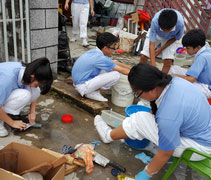 慈少在屋外把已沾了塵埃的餐具用品清洗乾淨並擦乾。【攝影者：劉美芳】