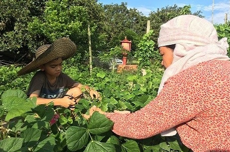 郭楷威（左）在農地協助媽媽打理菜園。